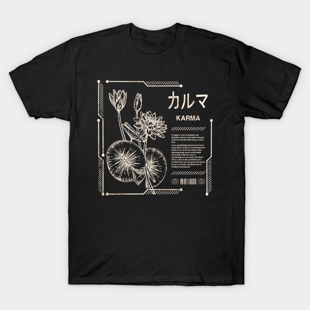 Vintage Karma Kanji Characters Lotus Zen Japanese Saying 645 T-Shirt by dvongart